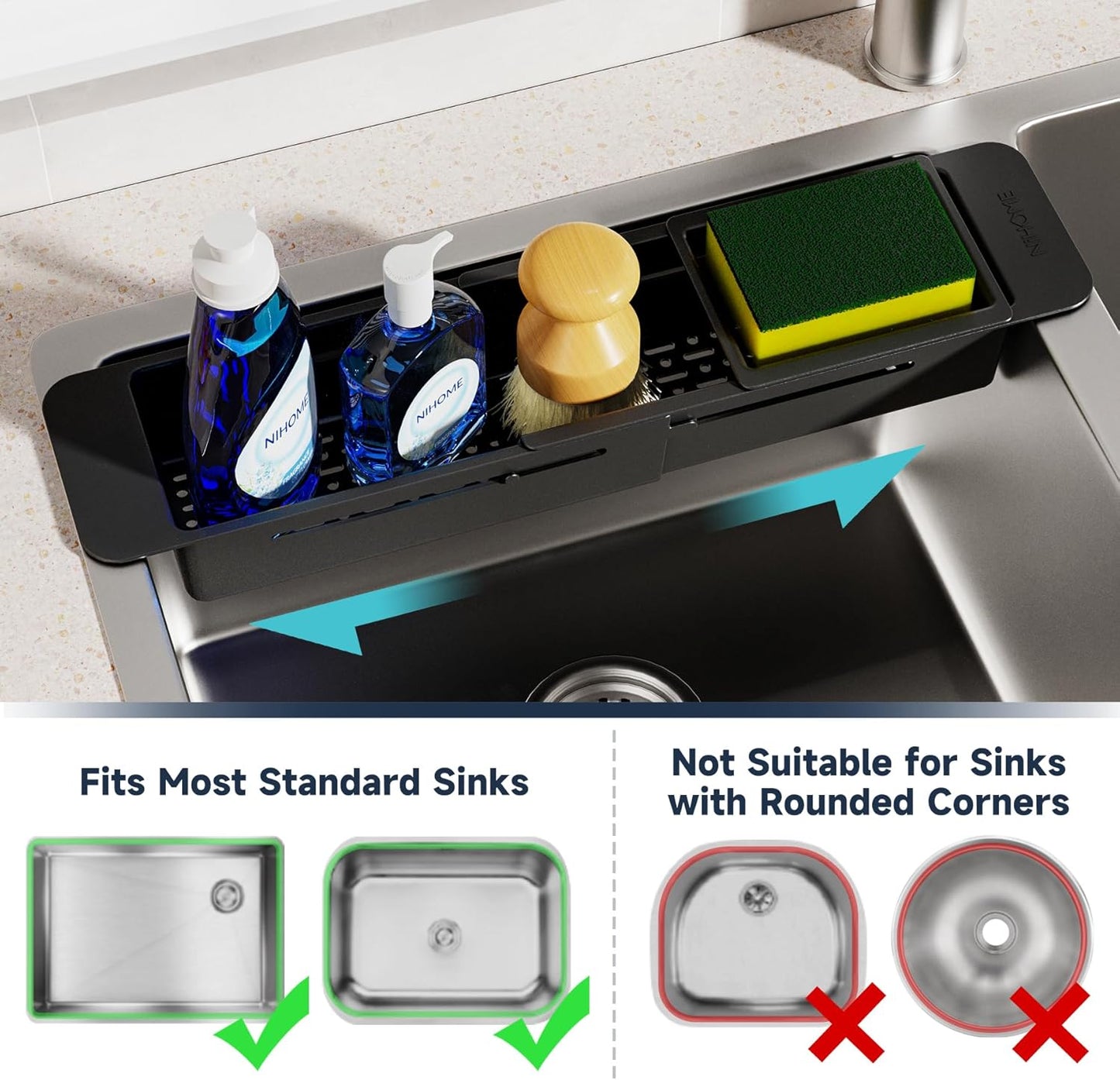 NiHome Extendable Over Sink Kitchen Organizer, Small Telescopic Brush Storage Rack for Sponge, Non-Slip Pads Expandable Sink Caddy, Adjustable Sponge/Brush Rack with Drainage Durable ABS (Dark Gray)