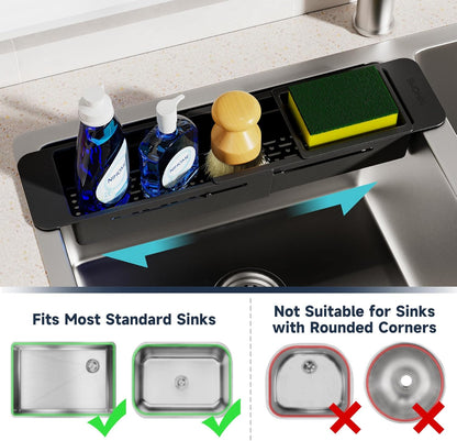 NiHome Extendable Over Sink Kitchen Organizer, Small Telescopic Brush Storage Rack for Sponge, Non-Slip Pads Expandable Sink Caddy, Adjustable Sponge/Brush Rack with Drainage Durable ABS (Dark Gray)