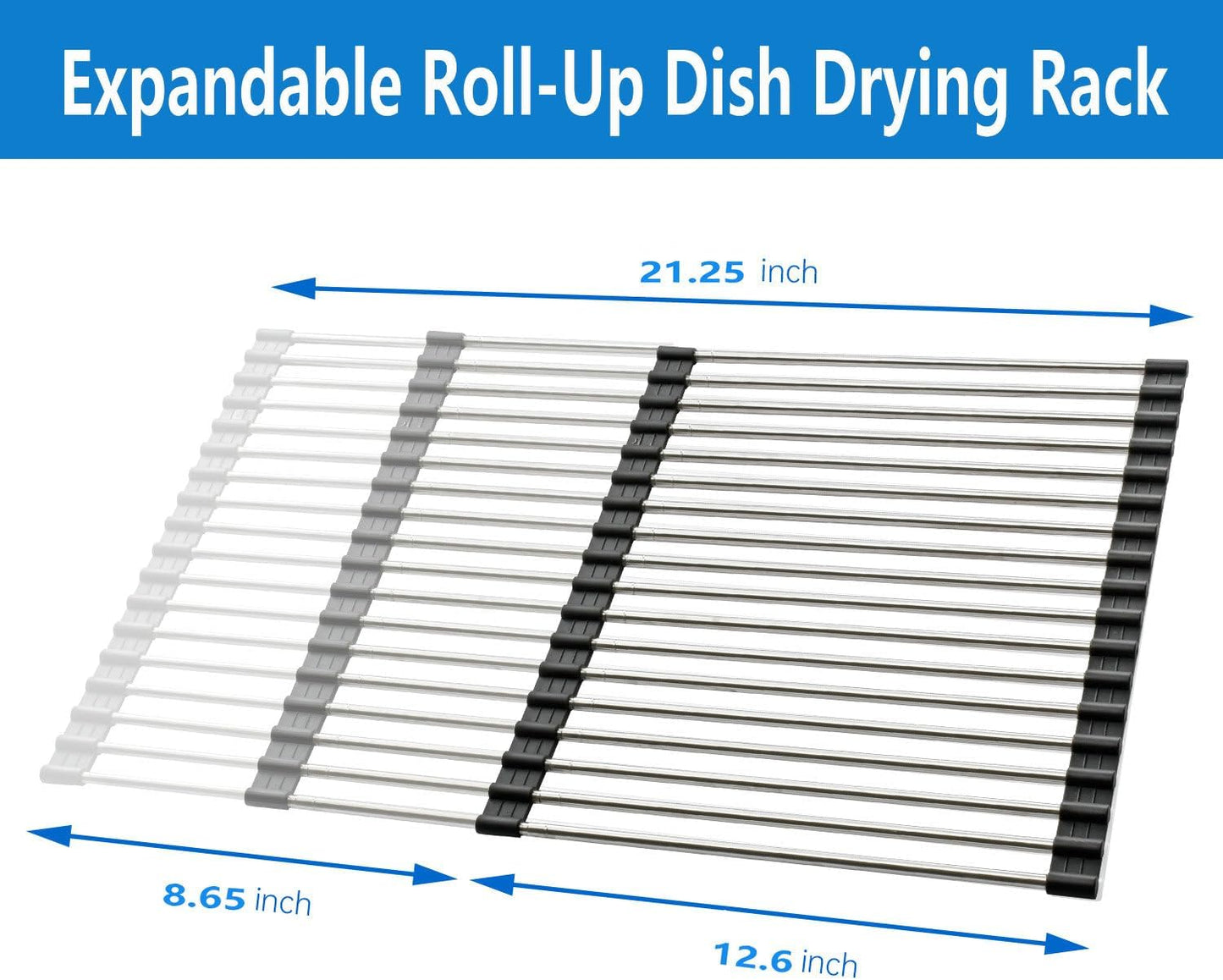 Expandable Roll Up Dish Drying Rack Over The Sink Rack, Foldable Dish Drainer Rack Stainless Steel for Large Sink, Silicone Rollable Collapsible Rack 18 Tube for Kitchen(Sliver,12.8'' to 21.25”)