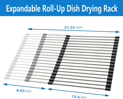 Expandable Roll Up Dish Drying Rack Over The Sink Rack, Foldable Dish Drainer Rack Stainless Steel for Large Sink, Silicone Rollable Collapsible Rack 18 Tube for Kitchen(Sliver,12.8'' to 21.25”)