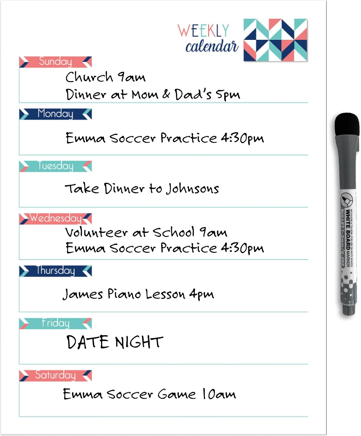 Dry Erase Weekly Calendar Planner Sticker Decal | Removable & Reusable | Magnetic Fine-Tip Marker Included (6 x 9 inches, White)