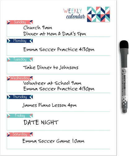 Dry Erase Weekly Calendar Planner Sticker Decal | Removable & Reusable | Magnetic Fine-Tip Marker Included (6 x 9 inches, White)
