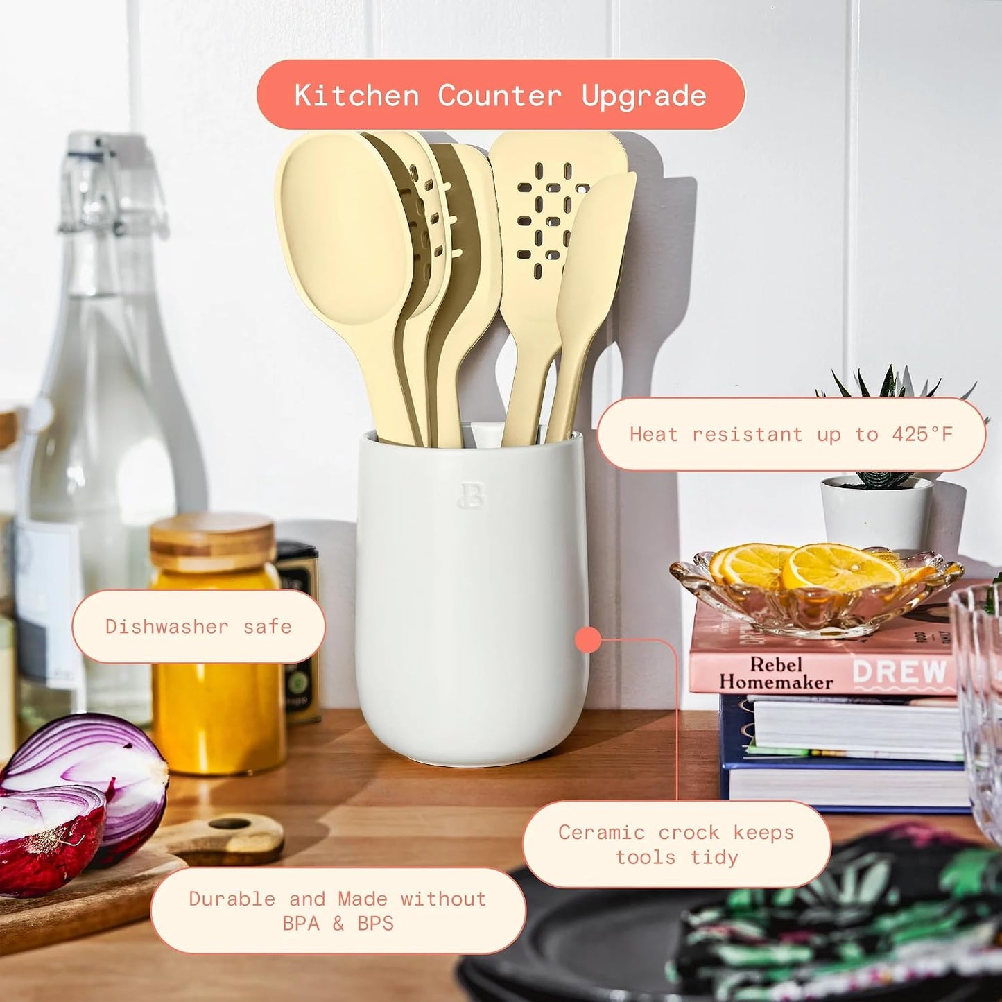 6 Piece Silicone Kitchen Utensil Set with Holder, Heat Resistant Cooking Tools, Nonstick Safe Spatula Spoon Turner Set with Ceramic Storage Crock