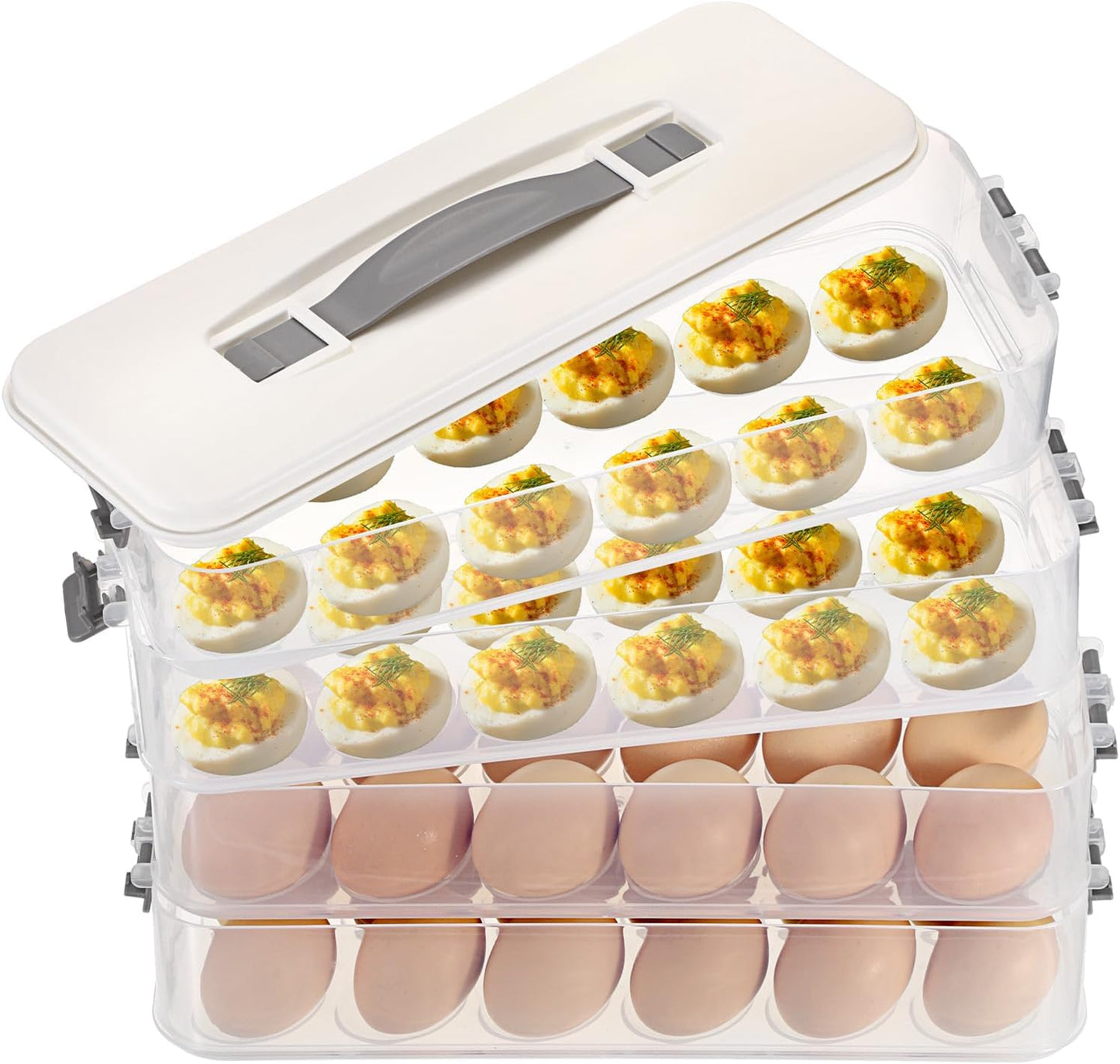 BSTKEY Deviled Egg Containers with Lid, 3 Layer Deviled Egg Platter Carrier Trays for 36 Eggs, Fridge Stackable Portable Egg Holder with Handle for Home Kitchen Party Easter Picnic