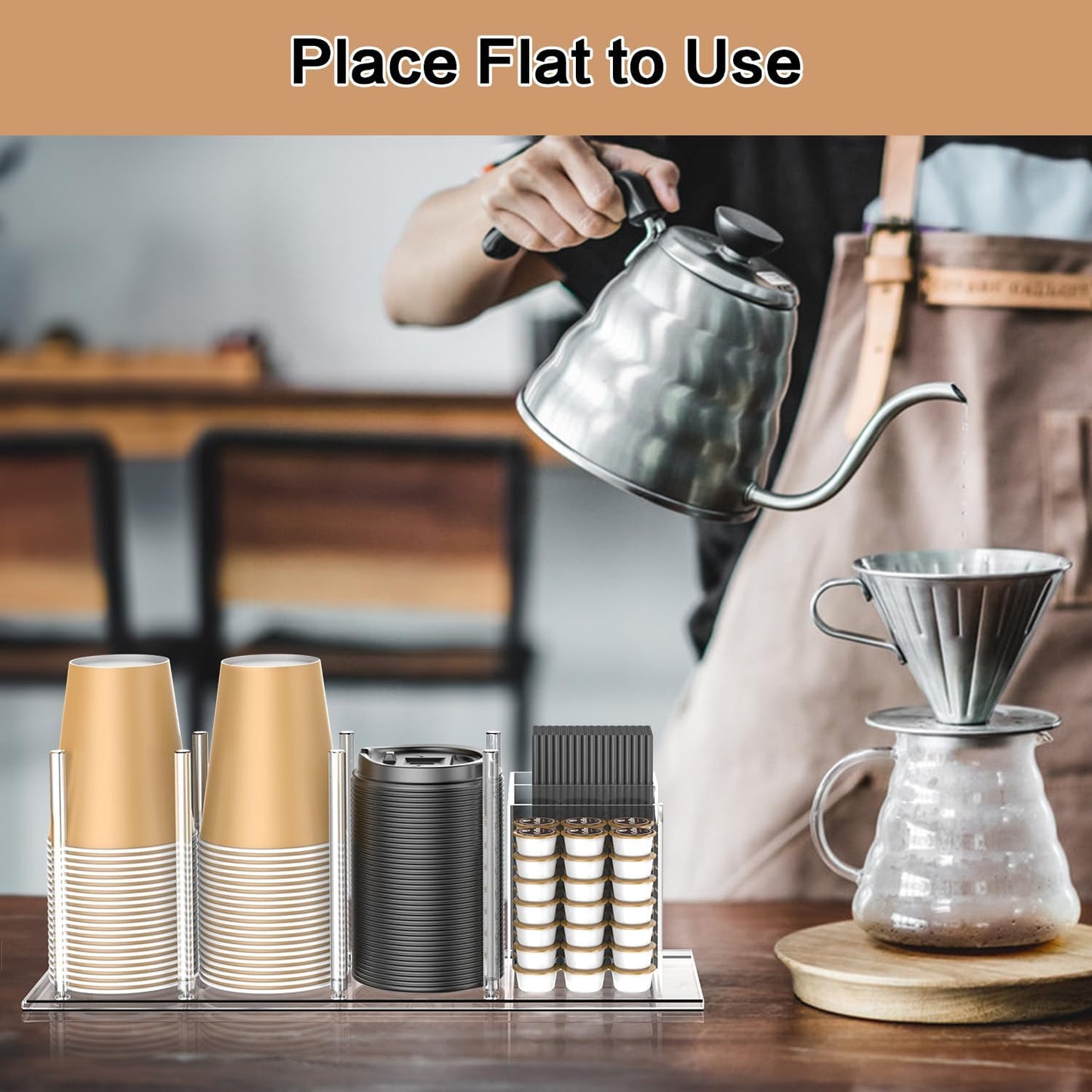 Acrylic Cup and Lid Holder with Straw Organizer, Adjustable Coffee Cup Holder Organizer, 5 Compartment Cup Dispenser for Disposable Paper & Plastic Cups, for Station Home Countertop(Patent in Effect)