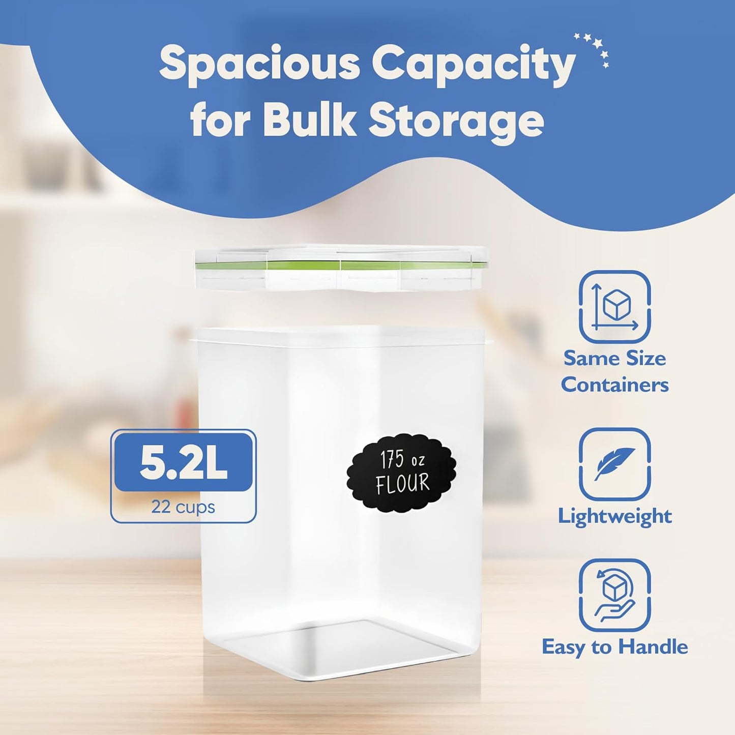 Chef's Path Extra Large Airtight Food Storage Containers with Lids, Pack of 2, 6.5L, 220Oz, Airtight Kitchen and Pantry Bulk Canisters for Flour, Sugar, Rice, and Baking Supplies - Transparent
