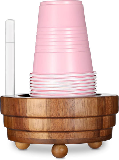 Ptwola Acacia Wood Cup Holder with Marker Slot, Disposable Paper Cup Dispenser Rustic Drink Mug Organizer Storage Box for Wedding Birthday Party Bar Kitchen Picnic Housewarming Decoration (No Pen)