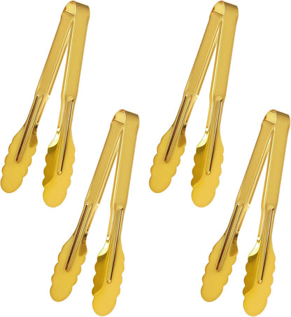 Stainless Steel Serving Tongs, 9 Inch Gold Salad Tongs Serving Utensils Buffet Tongs Gold Plated Heavy Duty Reusable Metal Kitchen Clips for Salad, Snack, Barbecue, Catering, Wedding, Party
