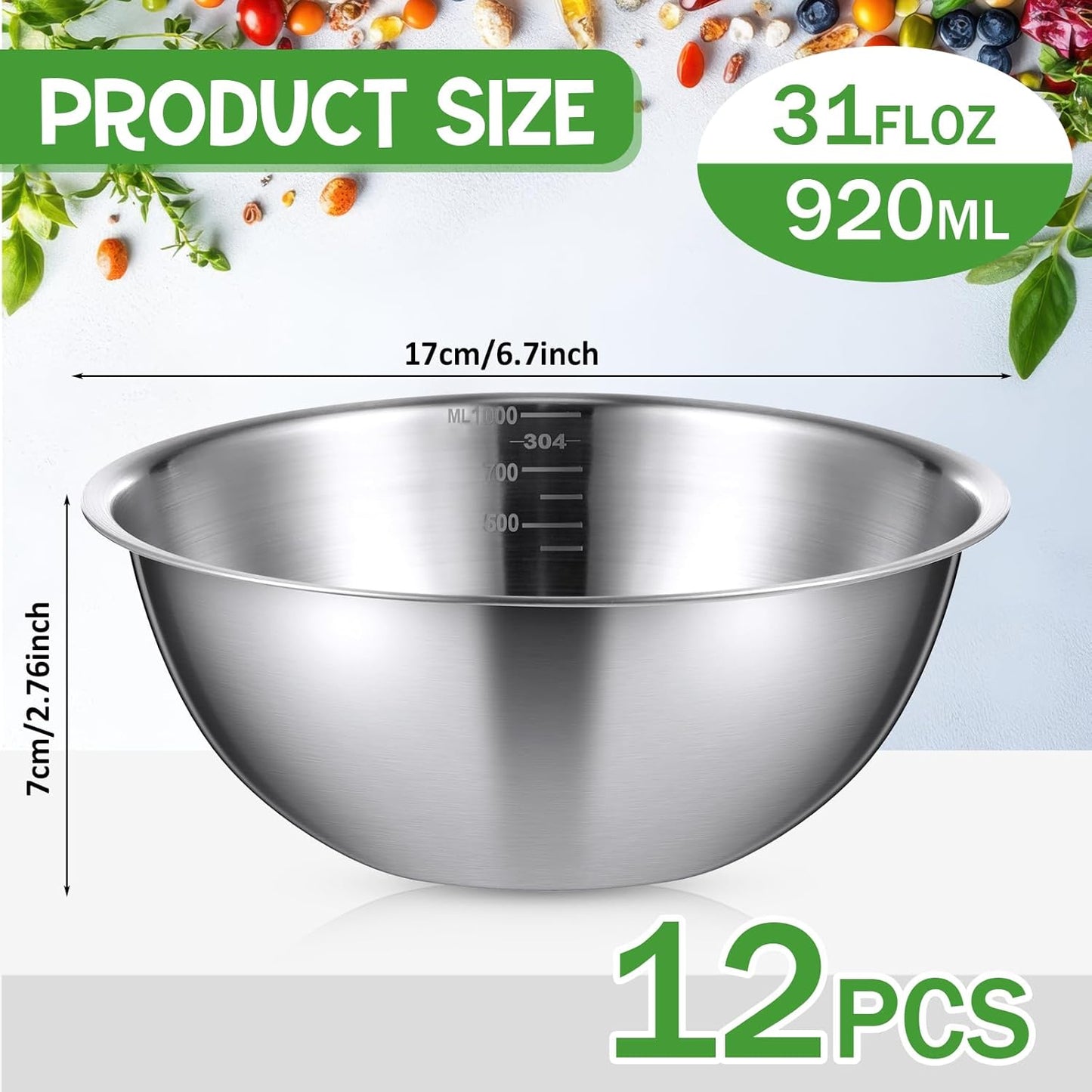 Honeydak 12 Pcs 304 Stainless Steel Mixing Bowls with Graduations, Salad Bowls Metal Serving Reusable Baking Food Storage Containers for Baking, Cooking, Salads, Soups, Ice Cream, Noodles (40 oz)