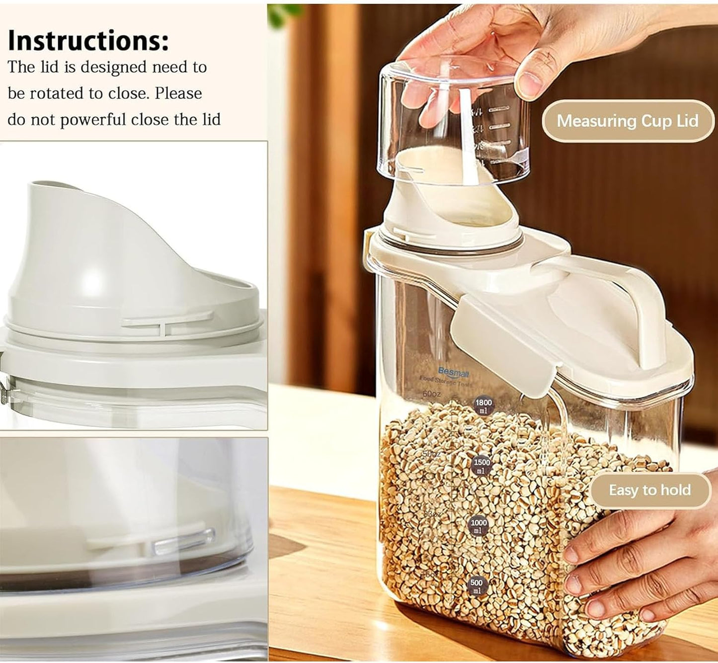 Cereal Containers Storage with Pour Spout Food Storage Container with Airtight Lid for Rice Flour Sugar Dog Cat Dry Food, Small Cereal Dispenser Kitchen Pantry Organizers Canister 1.8L