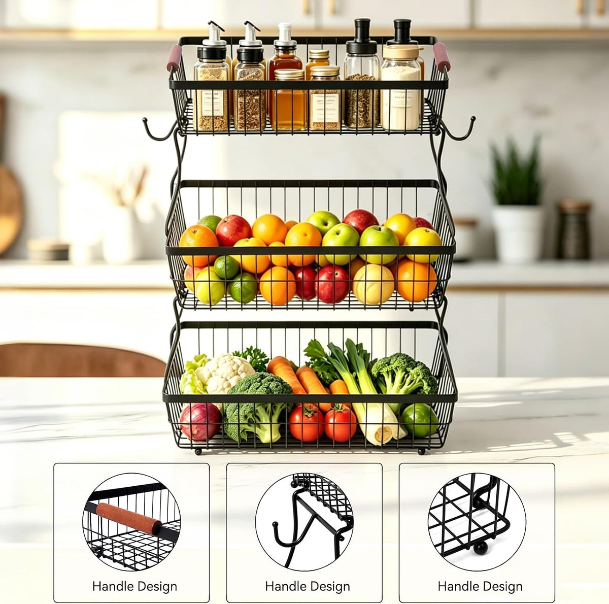 2-Tier Stackable Wire Basket with 2 Banana Hooks, Pantry Organizer for Kitchen Countertops, Cabinets & Under-Sink Spaces; Ideal for Storing Snacks, Fruits, Veggies, Onions, Potatoes, & More,Black