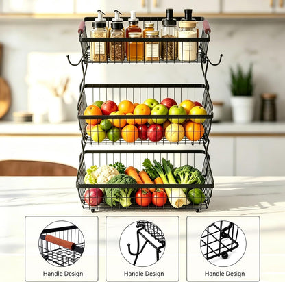 2-Tier Stackable Wire Basket with 2 Banana Hooks, Pantry Organizer for Kitchen Countertops, Cabinets & Under-Sink Spaces; Ideal for Storing Snacks, Fruits, Veggies, Onions, Potatoes, & More,Black