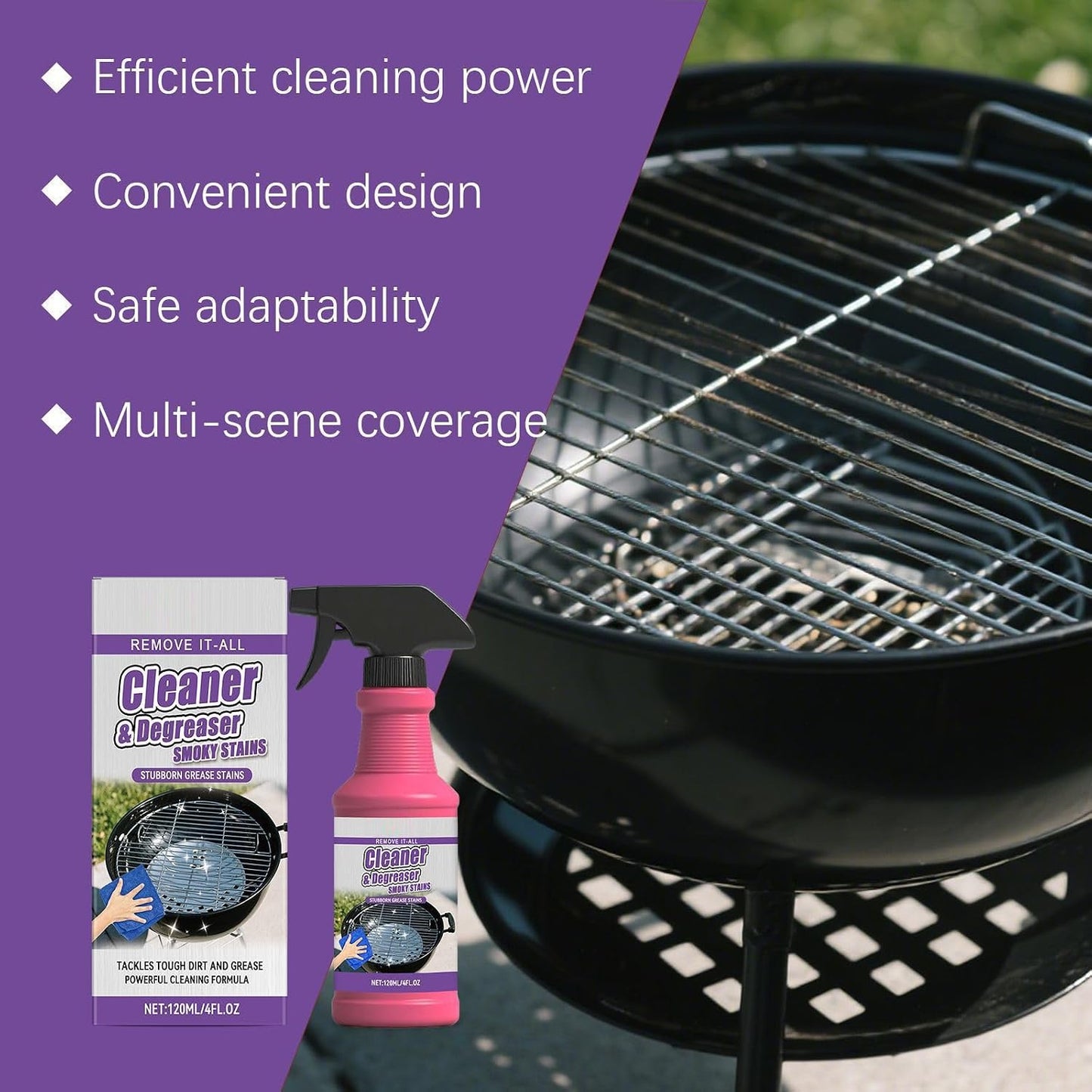 Fast-Acting Heavy-Duty Grill Degreaser Spray, 120ml BBQ Grill Cleaner, 𝐆rill and Smoker Cleaner and Degreaser, 𝐆rill 𝐂leaner for Outdoor Grills, Heavy Duty for Burnt Food & Grease (1 PC)