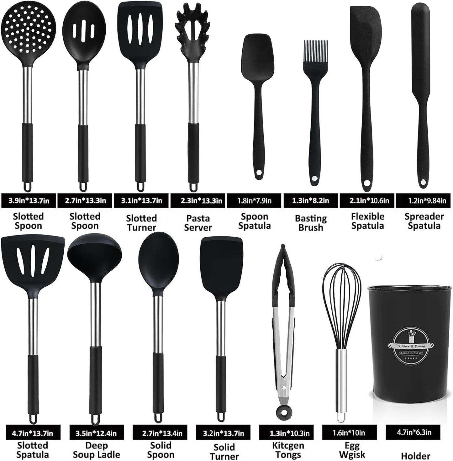 KSENDALO Cooking Utensils Set of 26 - Non Toxic Black Silicone Kitchen Utensils Set with Spoons, Heat Resistant Tong, Whisk & Holder, Dishwasher Safe