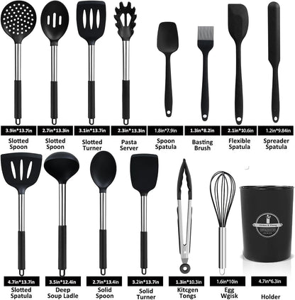 KSENDALO Cooking Utensils Set of 26 - Non Toxic Black Silicone Kitchen Utensils Set with Spoons, Heat Resistant Tong, Whisk & Holder, Dishwasher Safe