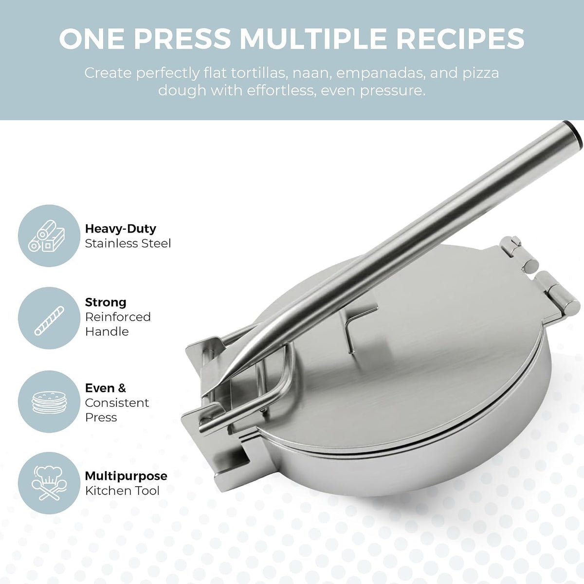 Alpha Living Large Stainless Steel Tortilla Press - Heavy Duty Round Tortilla Maker with Reinforced Handle Base - Manual Dough Press for Flour Tortillas, Naan, Empanadas, Flatbread, Pizza Dough