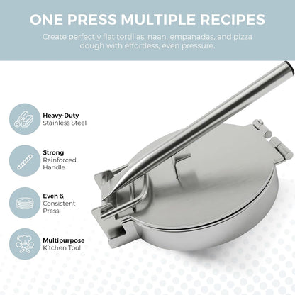 Alpha Living Large Stainless Steel Tortilla Press - Heavy Duty Round Tortilla Maker with Reinforced Handle Base - Manual Dough Press for Flour Tortillas, Naan, Empanadas, Flatbread, Pizza Dough