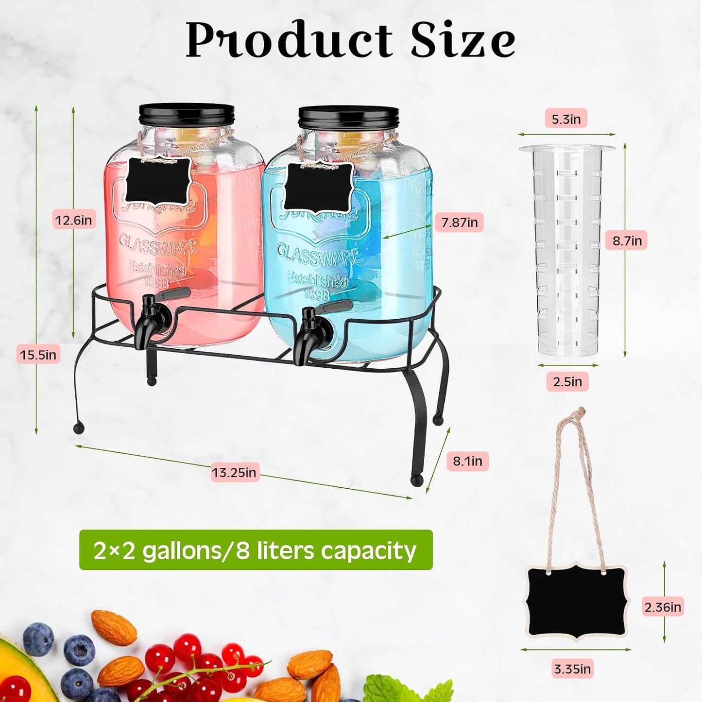 Lallisa 2 Pcs 2 Gallon Glass Drink Dispenser with Stand Ice Cylinder Hanging Chalkboard Signs 18/8 Stainless Steel Spigot Beverage Dispensers for Parties Mason Jar Drink Lemonade (Rose Gold)