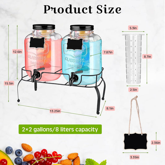 Lallisa 2 Pcs 2 Gallon Glass Drink Dispenser with Stand Ice Cylinder Hanging Chalkboard Signs 18/8 Stainless Steel Spigot Beverage Dispensers for Parties Mason Jar Drink Lemonade (Rose Gold)