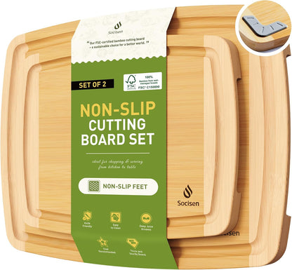 3 Packs Bamboo Cutting Board Set with Non Slip Feet and Over Sink Nice Solid Thick Wood Juice Groove Chopping Board Extra Large Big Small Best Hardwood Kitchen Counter Organic Vegetable
