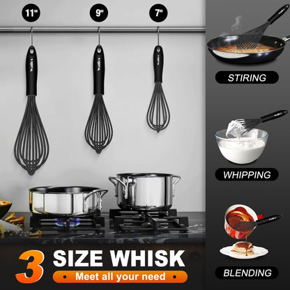 Walfos Silicone Whisk,Stainless Steel Wire Whisk -Heat Resistant 480°F Kitchen Whisks for Non-stick Cookware,Balloon Egg Beater Perfect for Blending,Whisking,Beating,Frothing & Stirring,Black