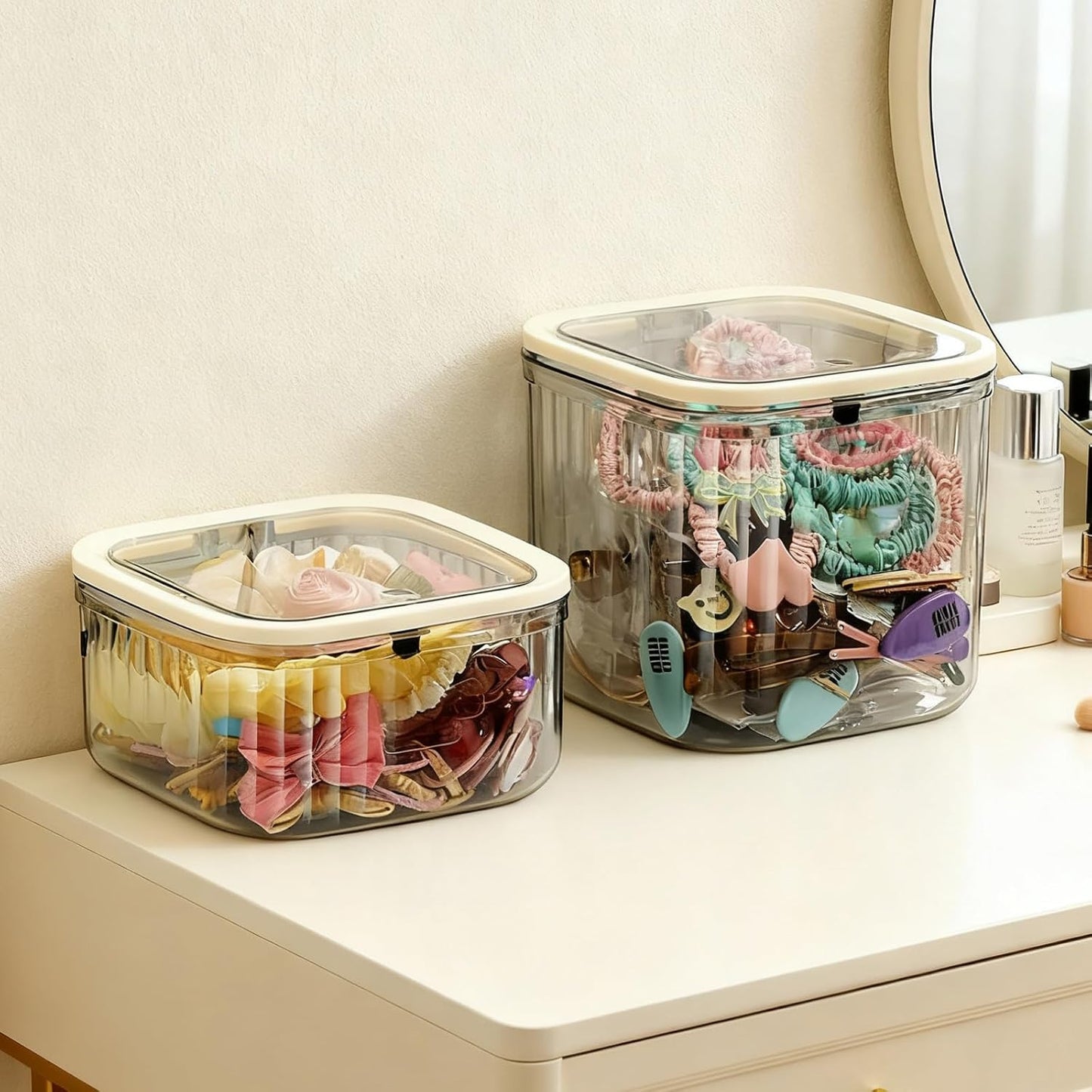 THMINS Hair Accessories Organizer for Girls,Small Plastic Storage Box with Lid for Kids Hair Clips,Ties,Bows&Jewelry,Stackable Dust-Proof Flip Top Container,Desktop Organizer(Clear)