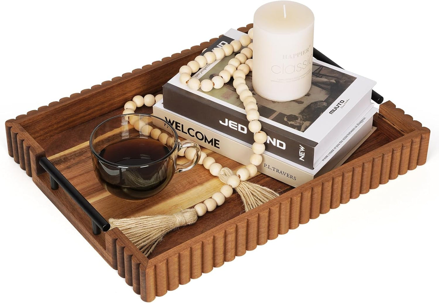 Acacia Wood Decorative Serving Tray with Handles, 16.7" x 12.8" Large Wooden Ottoman Tray for Living Room, Coffee Table Tray Decor for Food, Dinner, Tea or Breakfast in Bed (Natural)