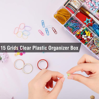 Exptolii 15 Large Grids Plastic Organizer Box with Dividers, 2 Pack Clear Compartment Container Storage for Washi Tapes Beads Crafts Jewelry Fishing Tackles, Size 11 x 6.3 x 2.2 in