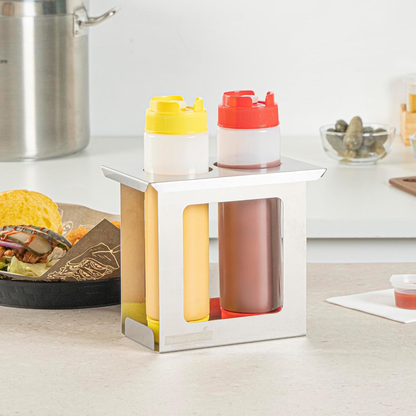 Restaurantware Stainless Steel Bottle Organizer - 1 Count - 6.299 x 7.087 x 0.394 Inches - Dishwasher-Friendly Condiment Holder - Kitchen Bottle Rack - Space-Saving Design - Silver
