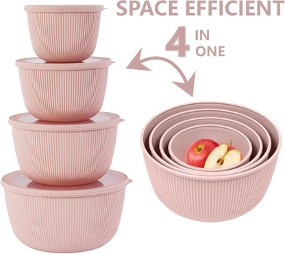 BoxedHome Plastic Mixing Bowls with Lids Set,4.97QT Large Capacity Deep Nesting Bowl,8 Pieces Set BPA-Free Prep Bowls,Dishwasher & Microwave Safe,Beige