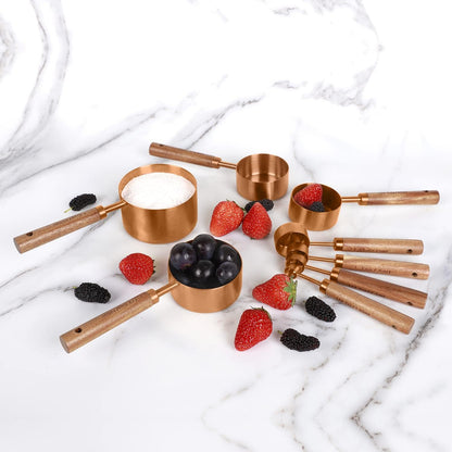 Collection 8 Piece Gold Measuring Cups Set and Measuring Spoons, Golden With fragrant wood Handles-Complete Set of Measure Cups and Spoons For Cooking and Baking.…
