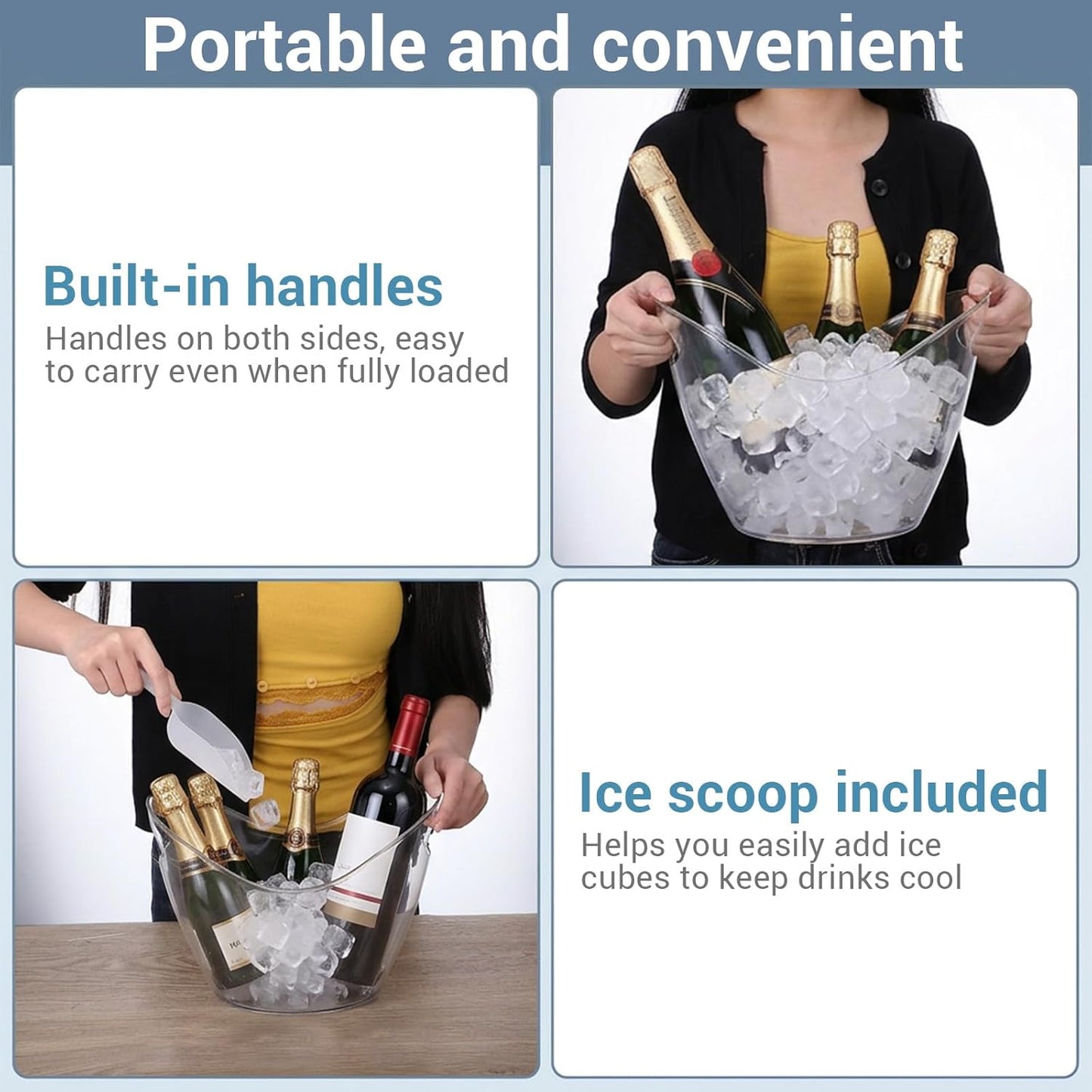 4 Pack Ice Bucket for Parties, 4L Acrylic Wine Buckets with 2 Scoops for Beverage/Wine/Beer/Cocktail, Portable Clear Beverage Tub for Parties, Mimosa Bar Supplies, Outdoor Events
