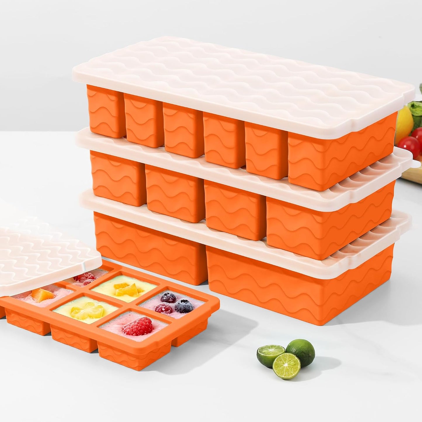 Silicone Freezer Trays with Lid (4-Pack), 1-Cup, 2-Cup, 1/2-Cup & 2-Tbsp Silicone Freezer Molds, Stackable Soup Freezer Meal Prep Containers,Ice Cube Tray for Making Sauce,Smoothies,Yogurt Bites