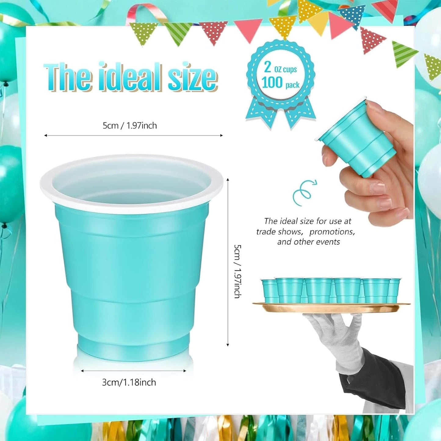 Roshtia 100 Pack 2 oz Plastic Shot Cups, Mini Disposable Shot Glasses 2 oz Wedding Party Cups for Bridal Shower Wedding Party, Beer Taste Serving, Snacks(Black, Gold)