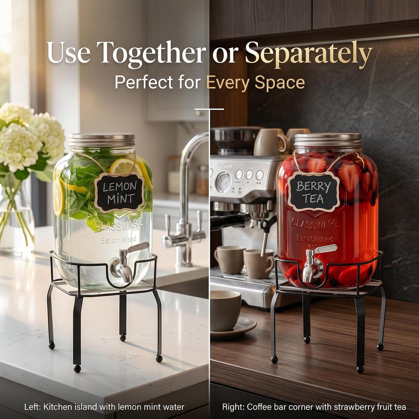 2 Pack1 Gallon Glass Drink Dispensers For Parties,Beverage Dispenser with Stand,304 Stainless Steel Spigot Leakproof,Lemonade Dispenser for Sun Tea, Homemade Juice