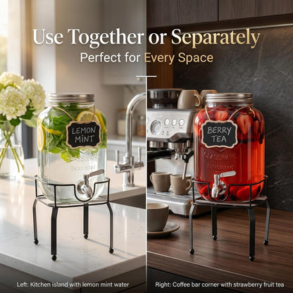 2 Pack1 Gallon Glass Drink Dispensers For Parties,Beverage Dispenser with Stand,304 Stainless Steel Spigot Leakproof,Lemonade Dispenser for Sun Tea, Homemade Juice
