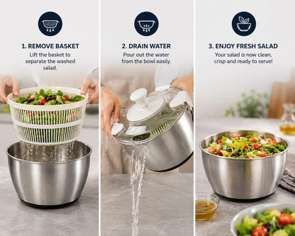 Stainless Steel Salad Spinner Large Capacity 5Qt – Hand Crank Vegetable Washer & Dryer with One-Touch Stop, Drainage Spout, Non-Slip Base – Dishwasher Safe Kitchen Tool for Lettuce & Fruit