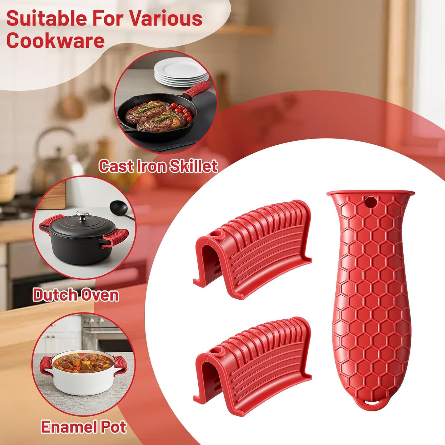 Cast Iron Skillet Handle Covers,3Pcs Heat Resistant Silicone Pot Handles Covers Non-Slip Cast Iron Handle Sleeve for Frying Pans and Griddles Kitchen Supplies(Red)