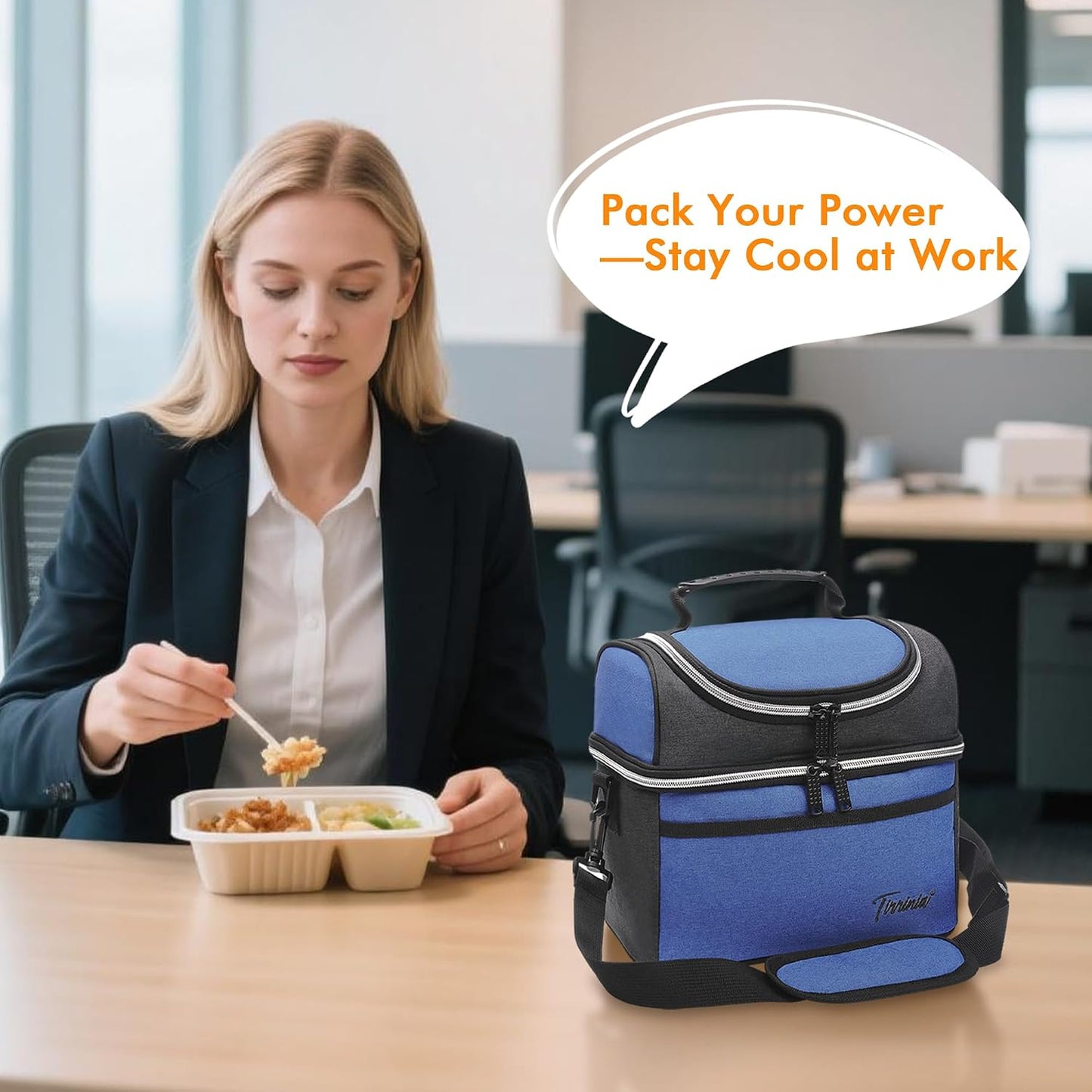 Tirrinia Reusable Lunch Box for Men Women, Insulated Lunch Bag Adult Work, Double Decker Leakproof Lunchbox for Office Picnic Beach—Dual Compartment Lunch Cooler Bag