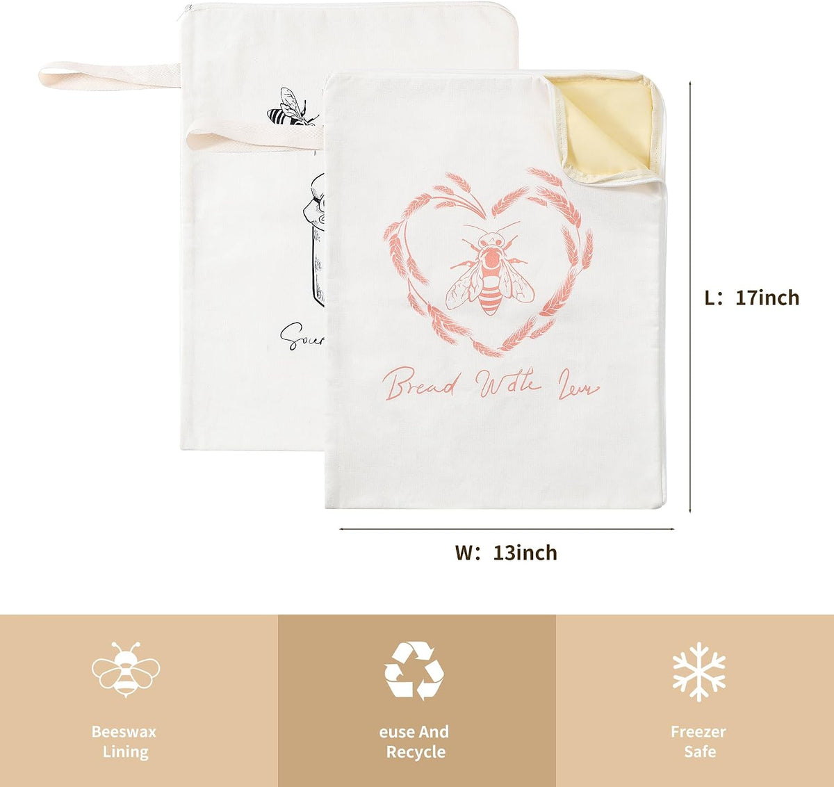 Wide Zipper Access Cotton &Beeswax Bags for Homemade Bread 2 Pack XL Reusable Beeswax Bread Bags for Homemade Bread Freezer Organic Cotton Food Storage Bags to Keep Fresh