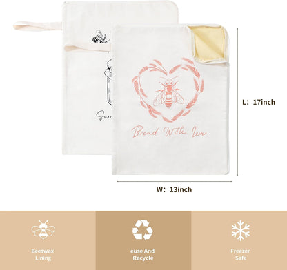 Wide Zipper Access Cotton &Beeswax Bags for Homemade Bread 2 Pack XL Reusable Beeswax Bread Bags for Homemade Bread Freezer Organic Cotton Food Storage Bags to Keep Fresh