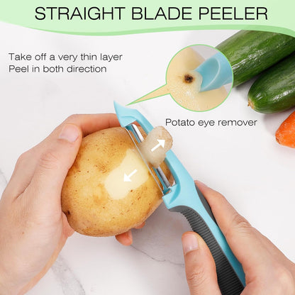 Senbowe Julienne Peeler, Potato Vegetable Peeler for Kitchen, I and Y Potato Peelers for Apple Fruit Carrot Zucchini Cucumber Veggie, 3 in 1 Blade Spin Design, Anti-Slip Handle