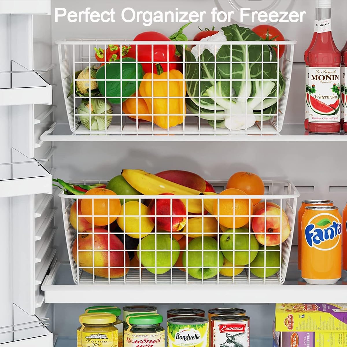 3 Pack Large Wire Baskets for Organizing 14.2'' Metal Wire Baskets with Built-in Handles, Wire Storage Basket Black Metal Freezer Organizer Wire Basket for Pantry, Cabinets, Bathroom