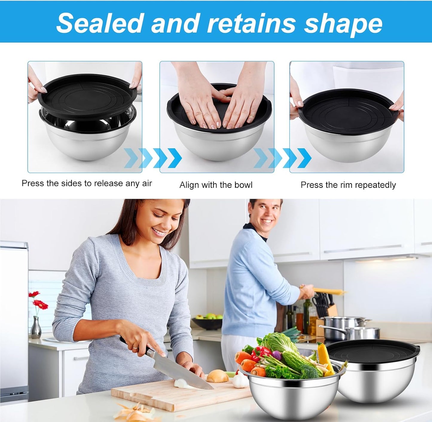 Mixing Bowls with Airtight Lids Set of 3, Stainless Steel Mixing Bowls, Nesting Salad Bowl for Prepping, Serving, Cooking, Kitchen, 4.5/2.5/1.5QT, Black