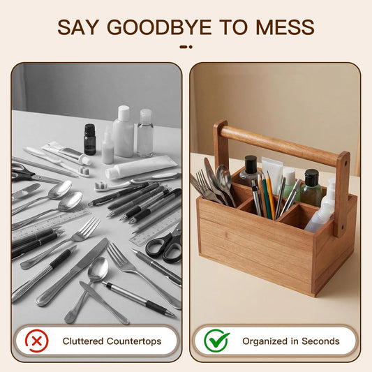 Silverware Caddy with Handle Acacia Paper Plate Holders Wooden Utensil Holder Mulip-Purpose Organizer Picnic Utensil Caddy for Party Home Kitchen Office Bathroom Bedroom RV