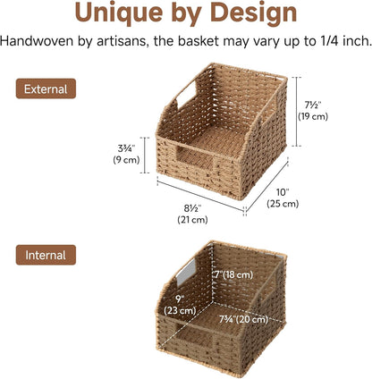 StorageWorks Water Hyacinth Pantry Storage Baskets, Wicker Baskets with Built-in Handles, Handwoven Shelf Baskets for Organizing, Pantry Organizers and Storage, 3 Pack