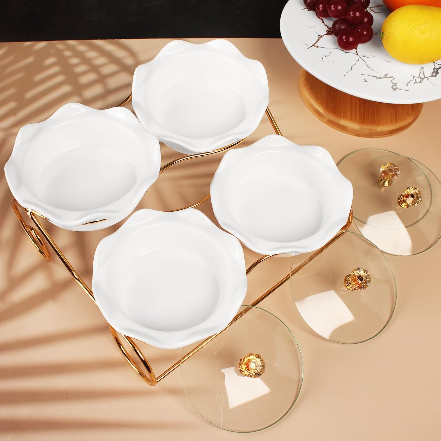 Candy bowl Ceramic Condiment Bowl with lid Metal Tray, 4 Removable small bowls with glass lid relish plate for Snack, Nuts,candies and condiments - for birthday, parties, Holiday gift