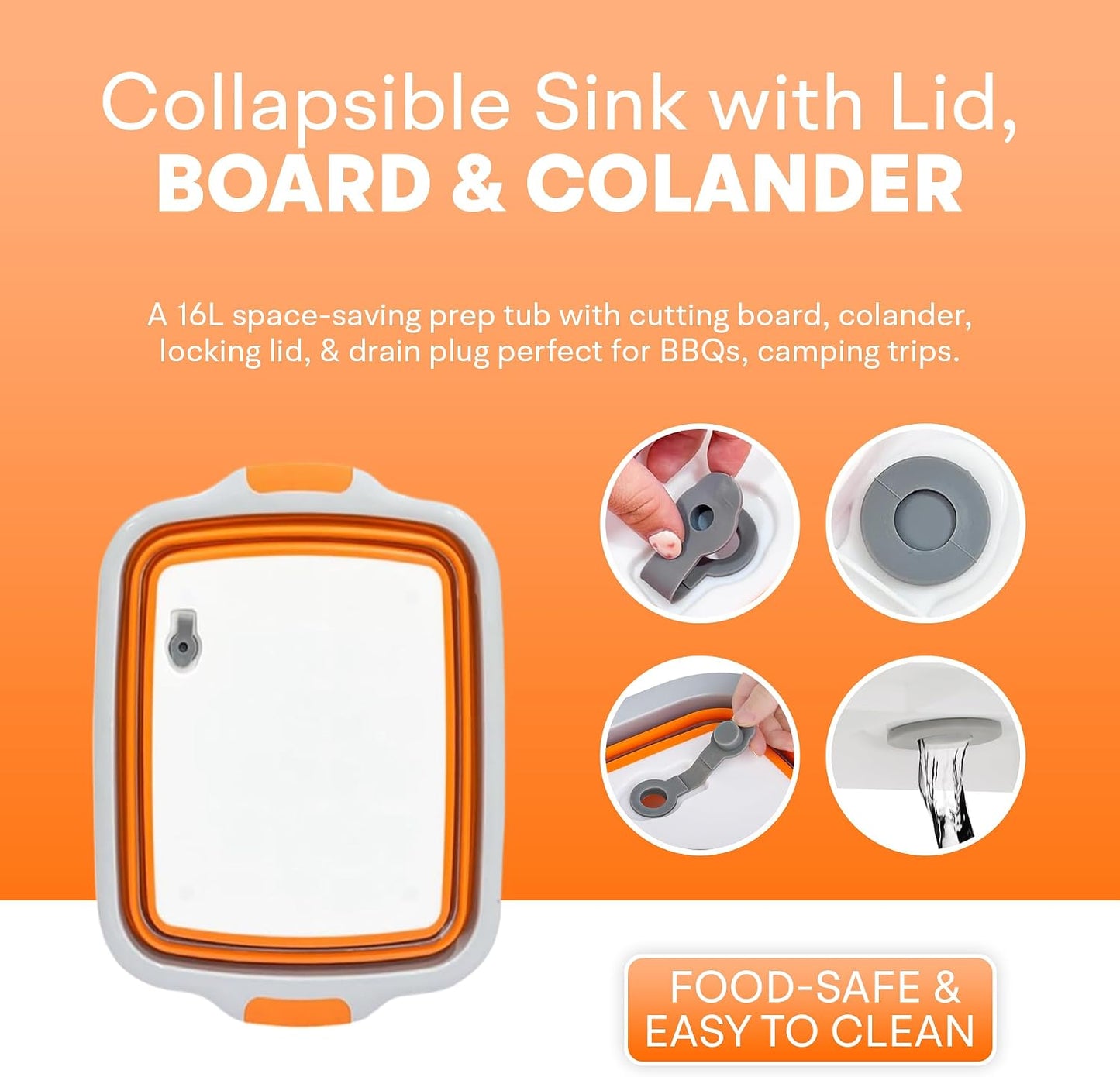 2-Pack XL Collapsible BBQ Prep Tub with Built-in Cutting Board, Lid & Strainer – Multipurpose Meal Prep Container for Outdoor Cooking, BBQ Parties, Kitchen & Travel Use (Black)