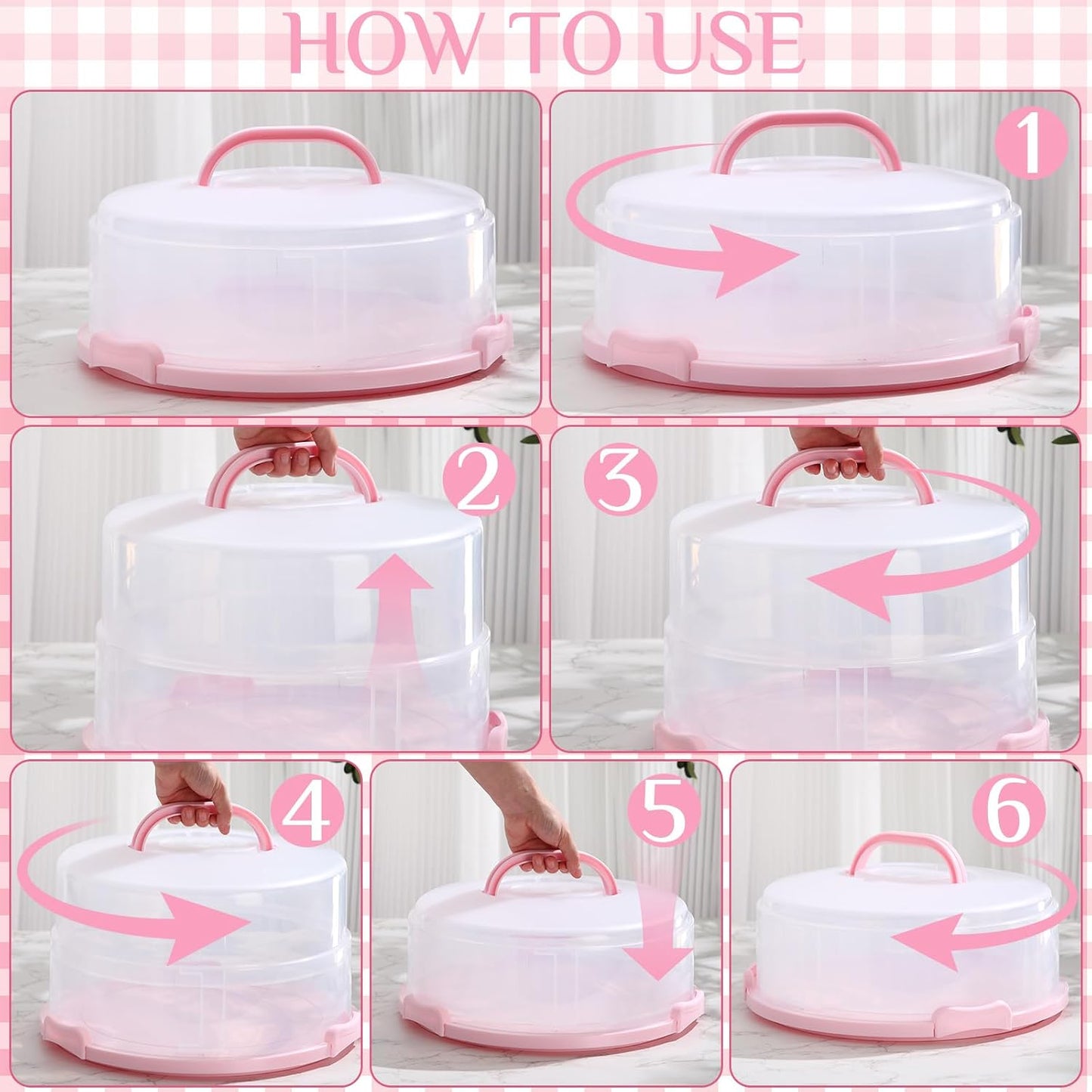 Teenyyou 12 Inch Large Cake Carrier with Lid and Handle for 12" Round 7" High Cake Adjustable Plastic Pies Carrier Portable Cupcakes Transport Container for Cookies Pizza and More(Pink)