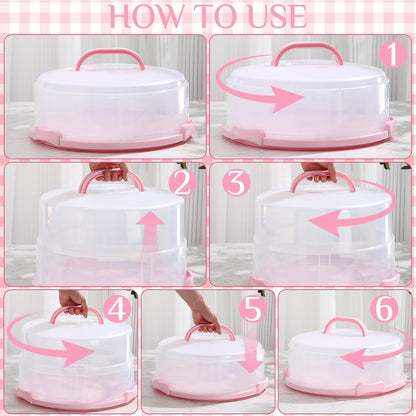 Teenyyou 12 Inch Large Cake Carrier with Lid and Handle for 12" Round 7" High Cake Adjustable Plastic Pies Carrier Portable Cupcakes Transport Container for Cookies Pizza and More(Pink)